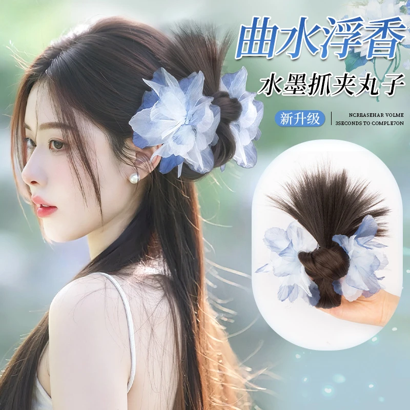 丸子头假发自然仿真抓夹低扎鸡毛丸子头盘发神器蓬松后脑勺假发包