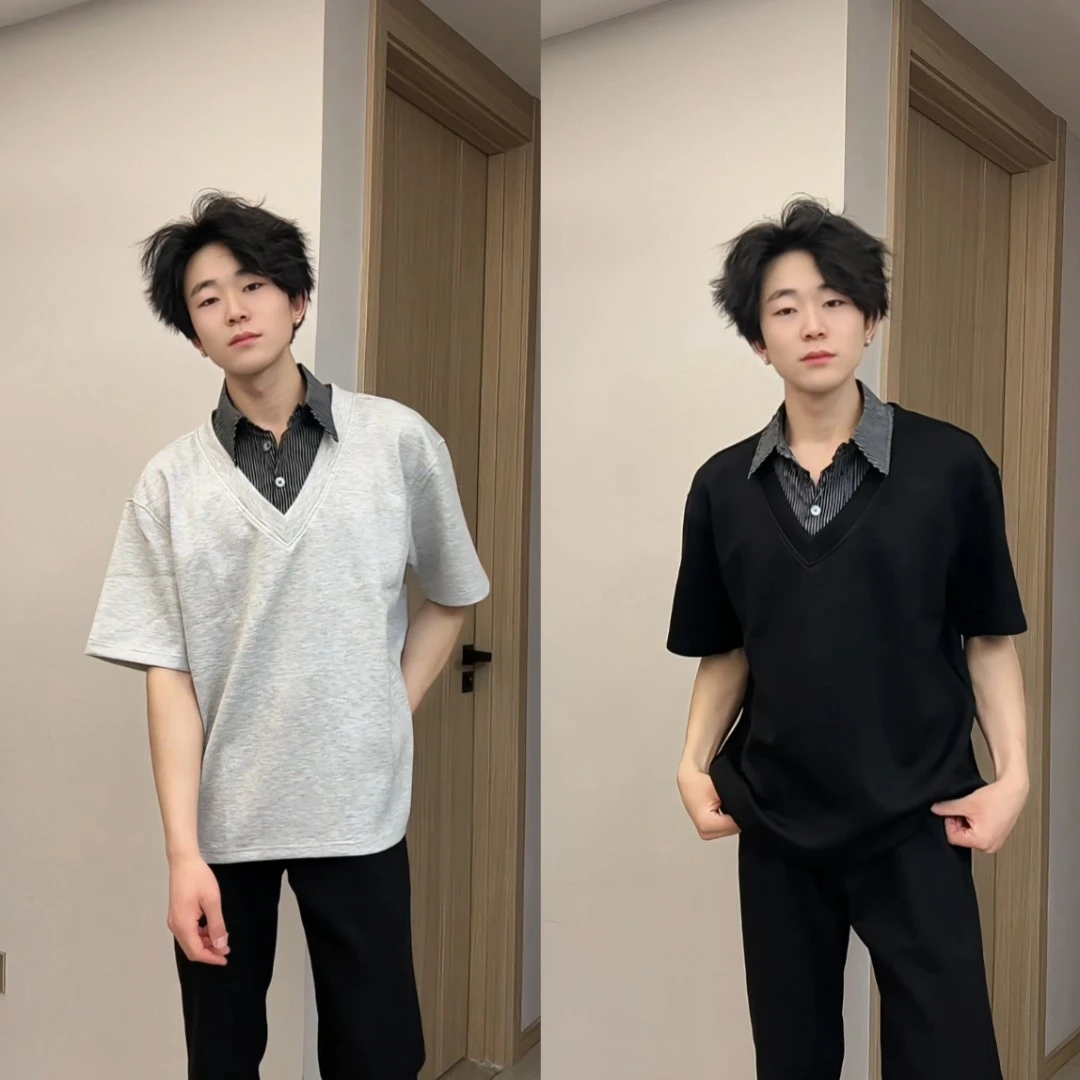 这一秒的心动 夏季男女潮流白搭设计感假两件设计短袖T恤pol