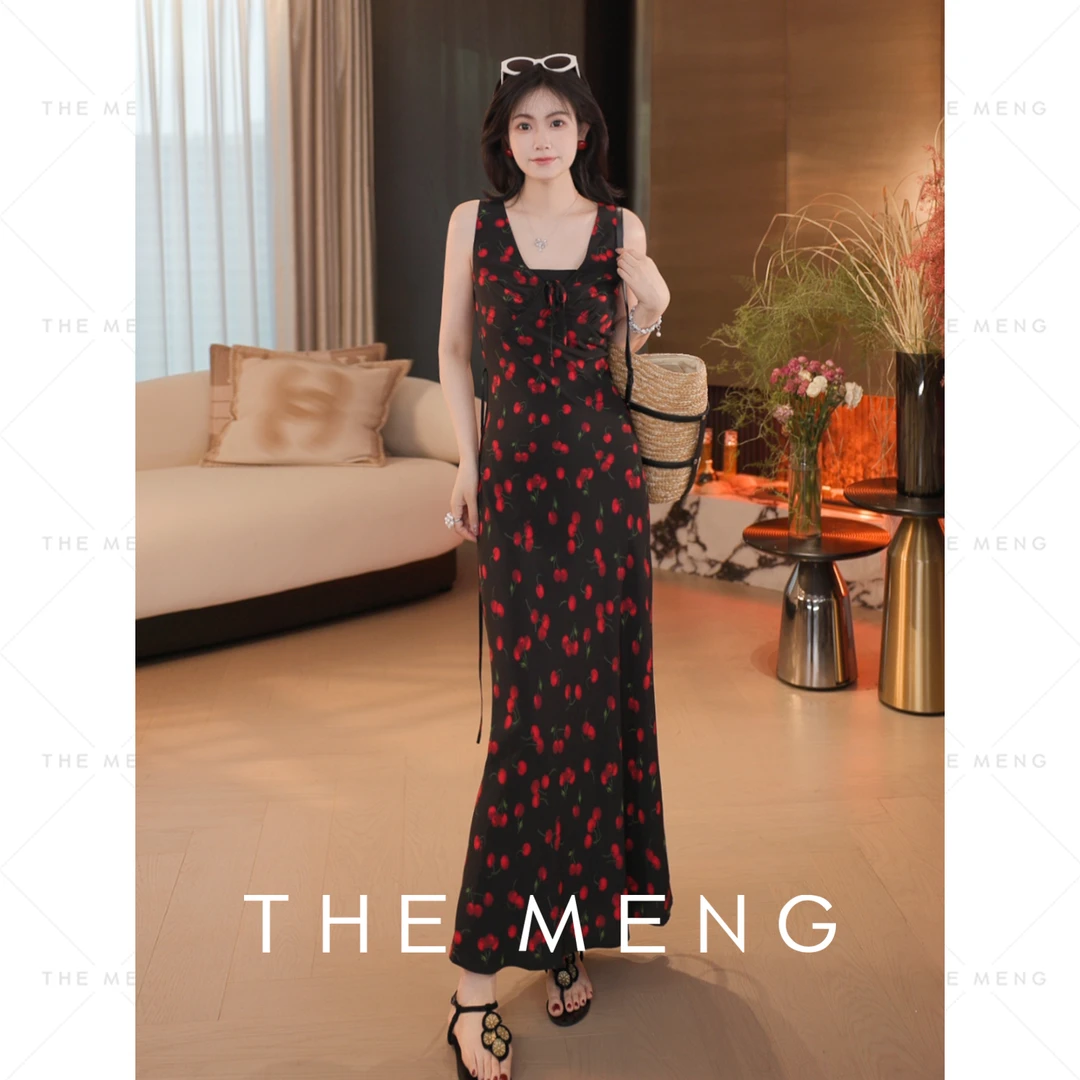 THE MENG【小樱桃】顺纡绉印花斜裁显瘦通勤连衣裙#M252G0302