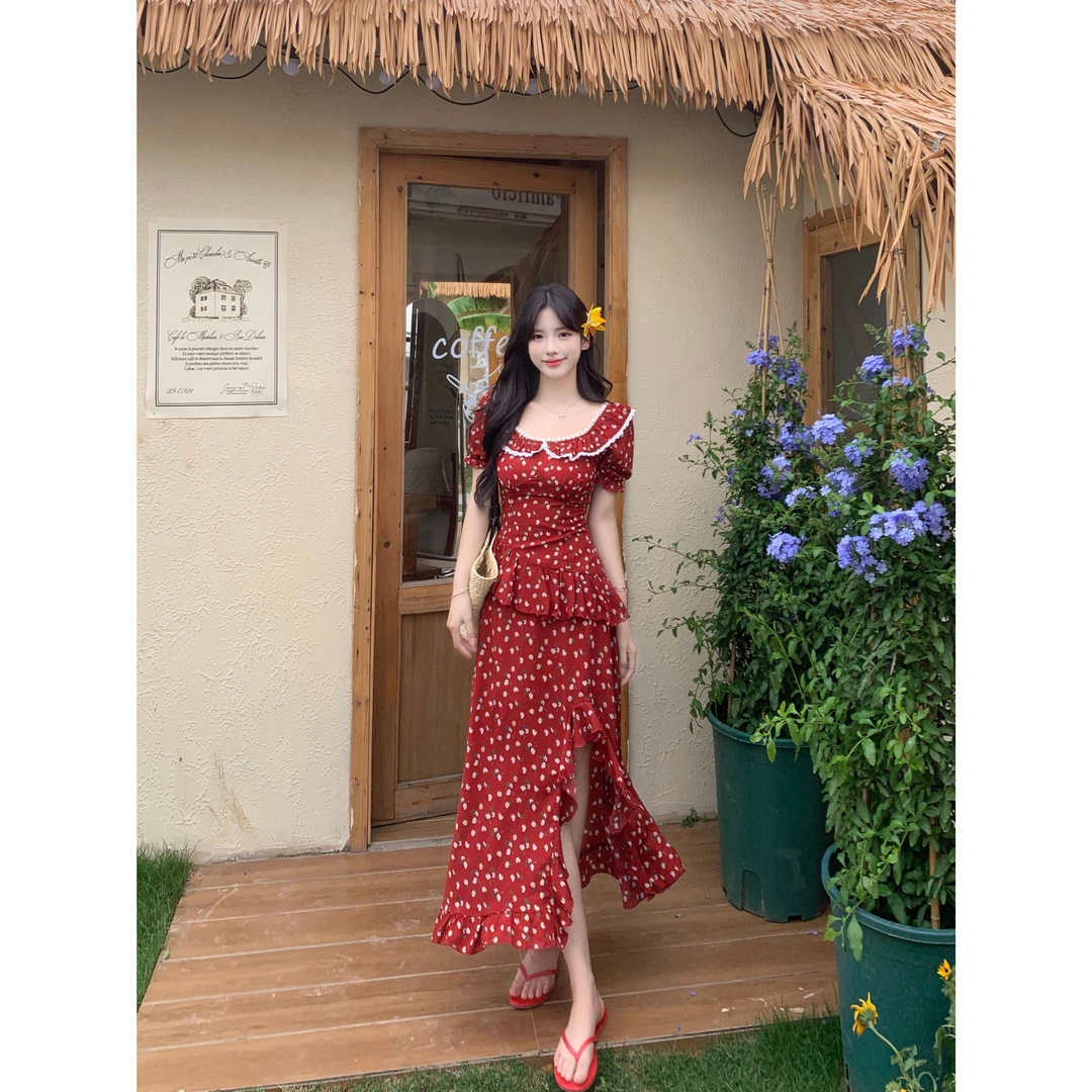 大码女装红色不规则荷叶碎花连衣裙胖MM减龄收腰连衣裙女