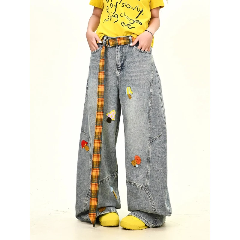 蘑菇刺绣腰带弯刀牛仔裤男女2025秋季新款宽松bf美式街头拖地长裤