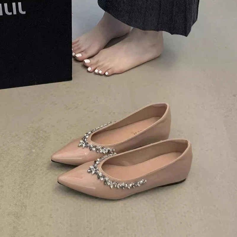 浅口内增高单鞋通勤软底鞋新款法式晚晚风水钻尖头平底鞋女鞋单鞋