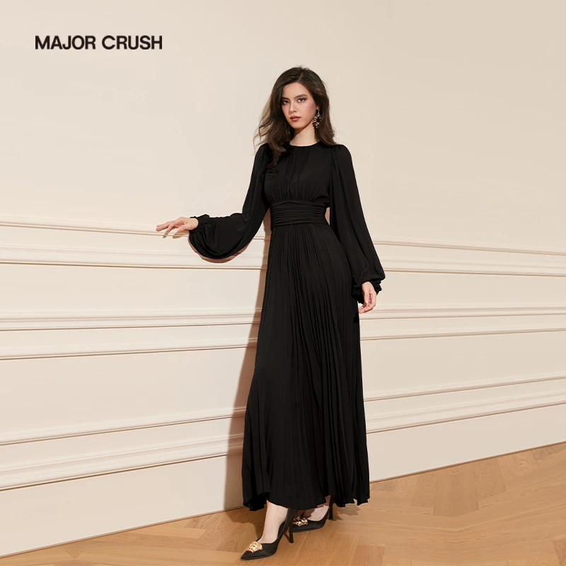 MAJOR CRUSH【欧若风】新款气质黑色荷叶大裙摆红色名媛连衣裙6512