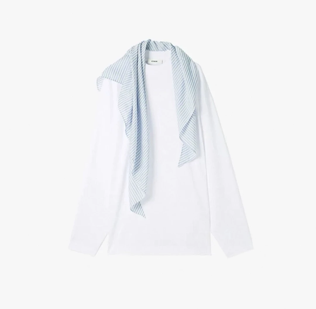 ETH现货25夏新款设计师品牌假两件丝巾扎带长袖T恤现货