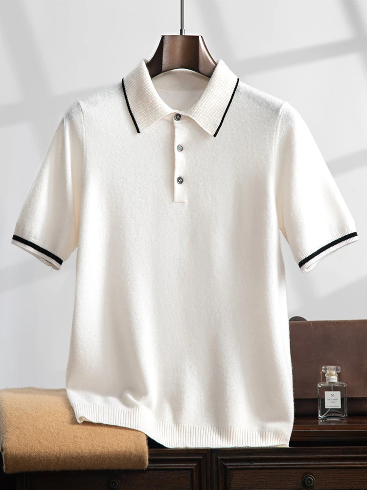 山羊绒短袖春秋新款男士翻领T恤针织衫毛衣商务休闲半袖POLO衫