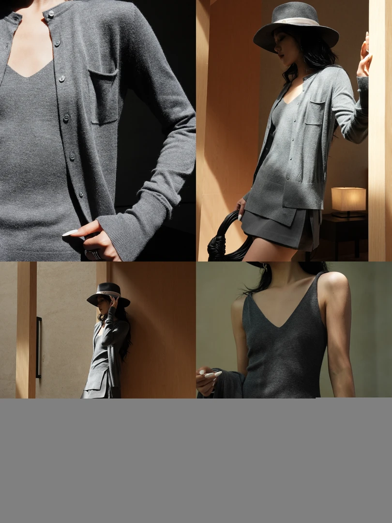 【清 不退差价】 桑蚕丝+羊毛混纺开衫长袖时尚针织上衣两件套86008