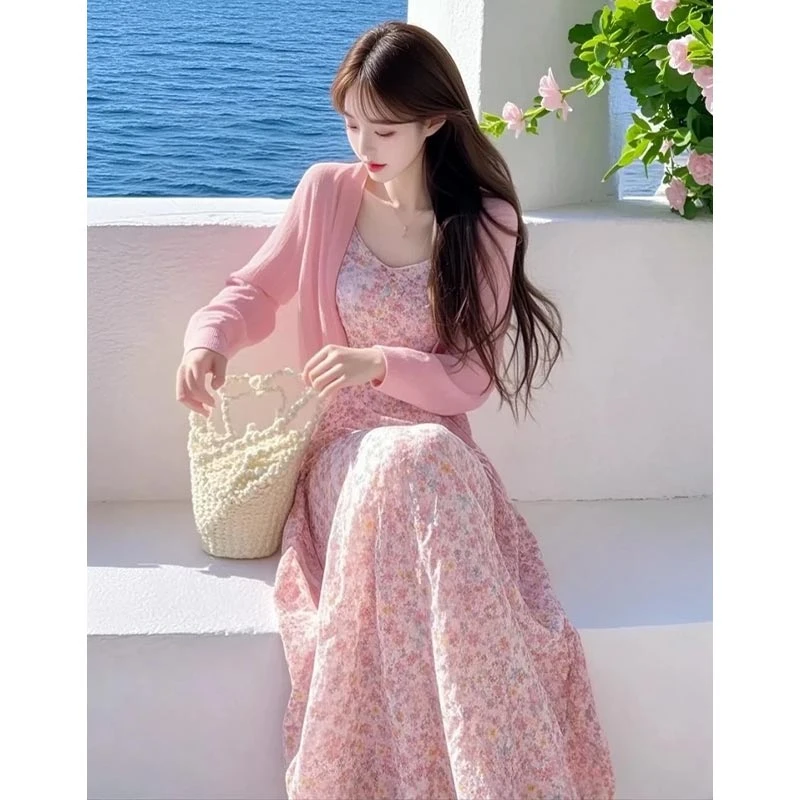 法式气质开衫外套粉色碎花连衣裙女神范套装2025年春秋穿搭一整套
