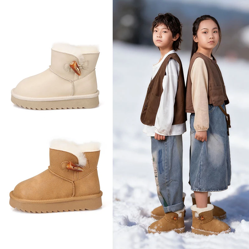 冬季新款光面牛皮羊毛保暖牛角扣时尚雪地靴26-40码防水棉靴