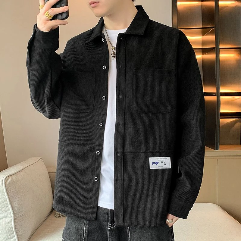 2025新款灯芯绒简约百搭春季长袖翻领衬衫夹克衫潮牌男休闲衬衣外