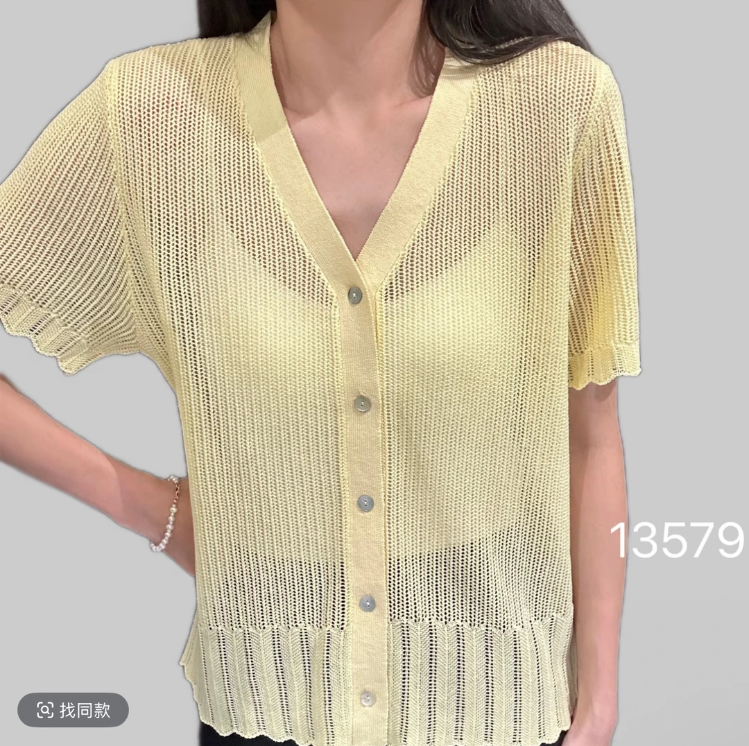 小众落肩袖百搭厚款常规毛针织衫V领蕾丝短袖开衫2951