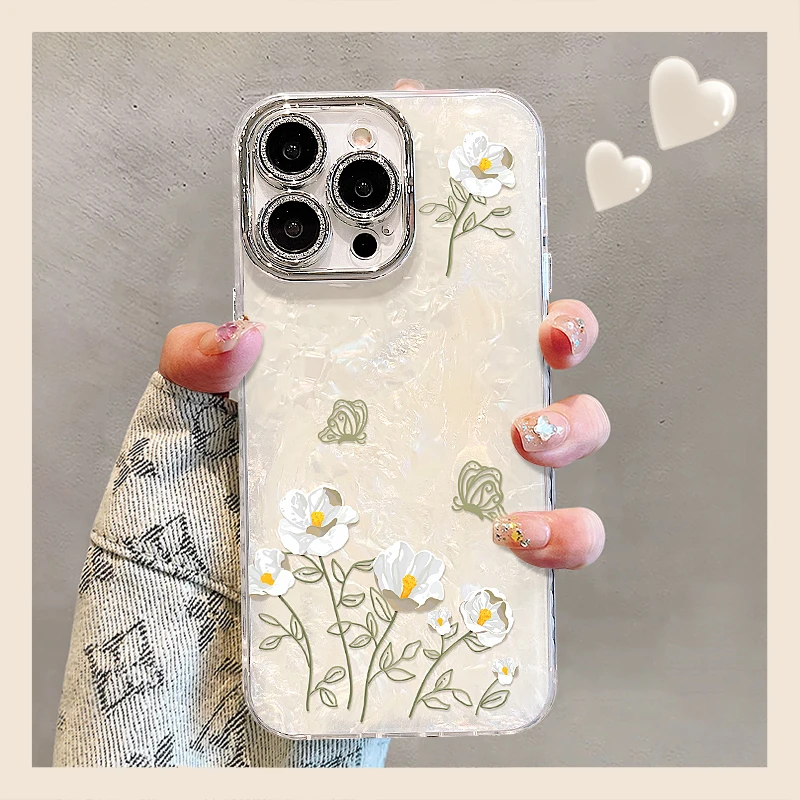 一束花朵适用苹果15promax/13精孔贝壳纹iPhone16/14手机壳11/12