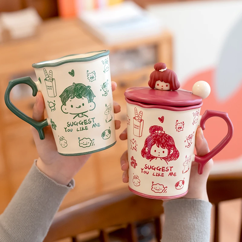 【情侣款创意涂鸦】陶瓷马克杯带盖勺家用喝水杯小众设计感生日礼物