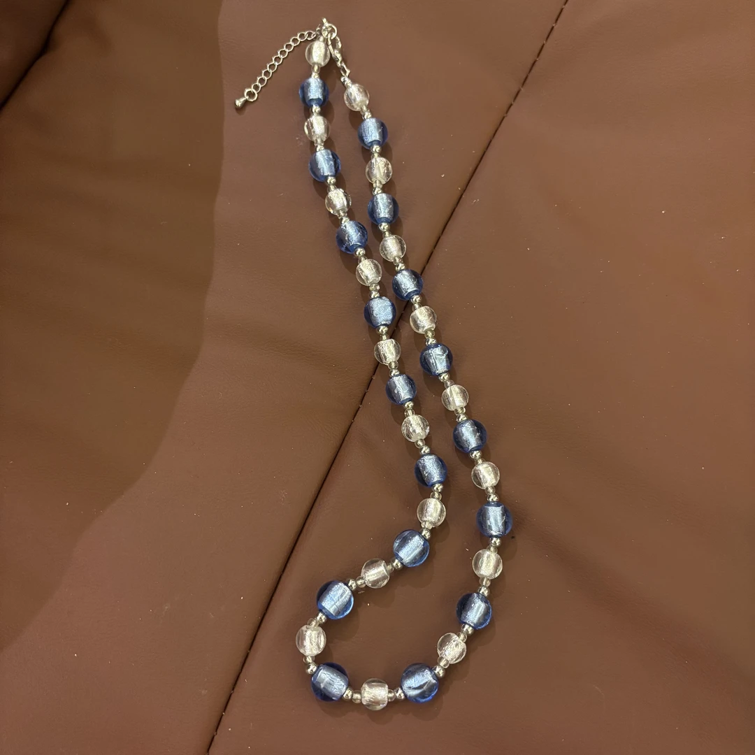 合金项链 XB318 有裂 蓝色银箔白色银箔小点位琉璃项链