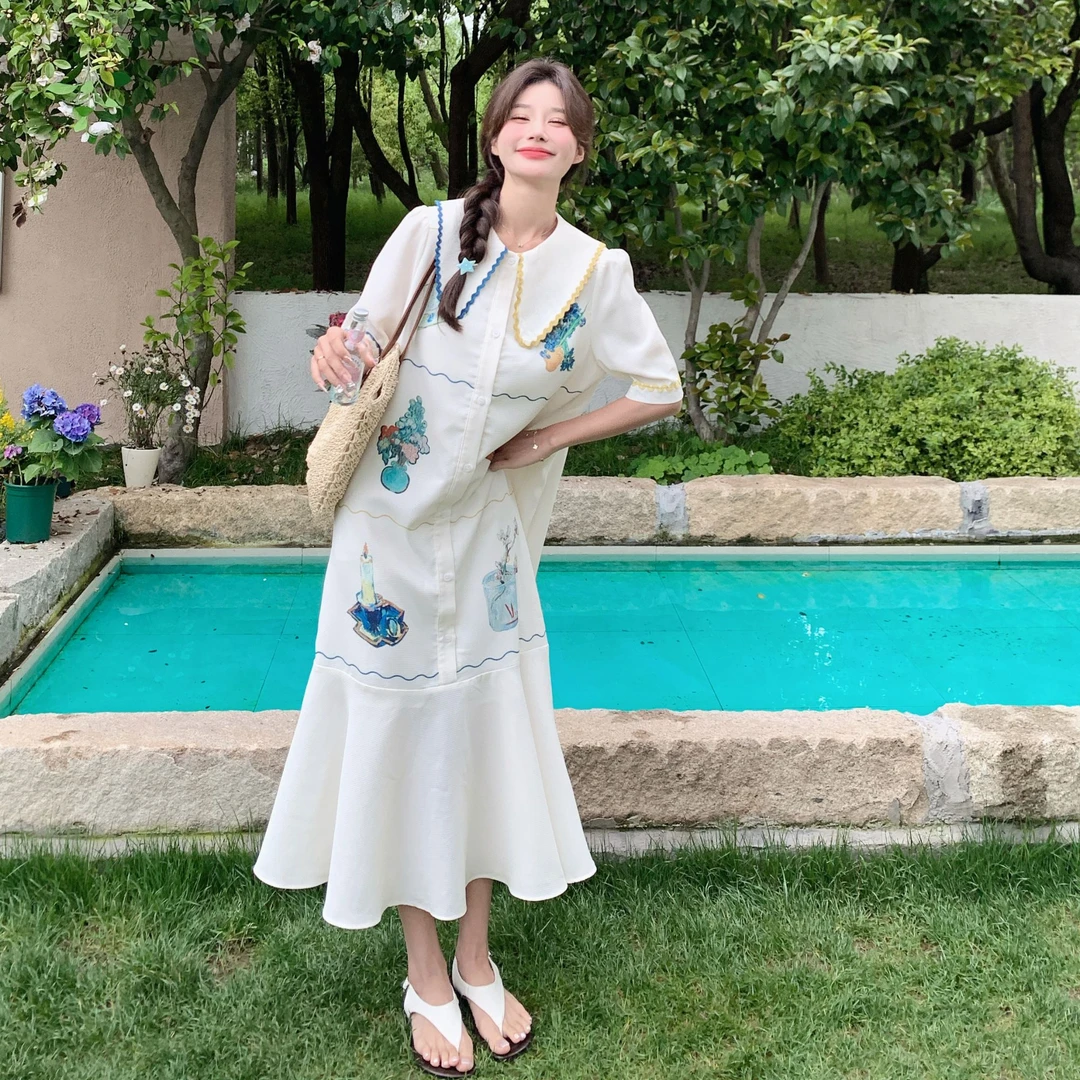 法式甜美减龄白色娃娃领衬衫连衣裙女夏设计感学院风休闲鱼尾长裙