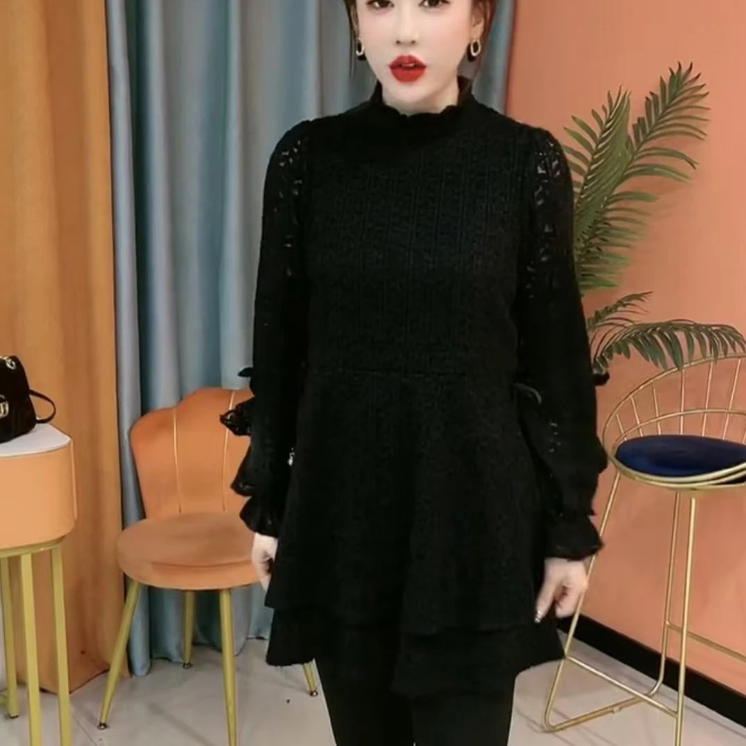 秋冬新款半高领加绒加厚蕾丝拼接连衣裙显瘦遮肚百搭洋气