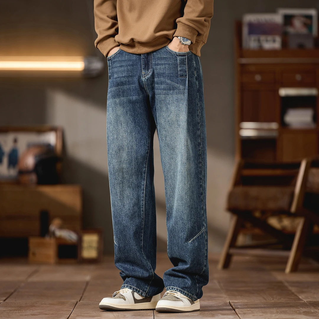 大码男装秋冬新品美式复古牛仔裤男宽松百搭潮牌微阔直筒长裤子