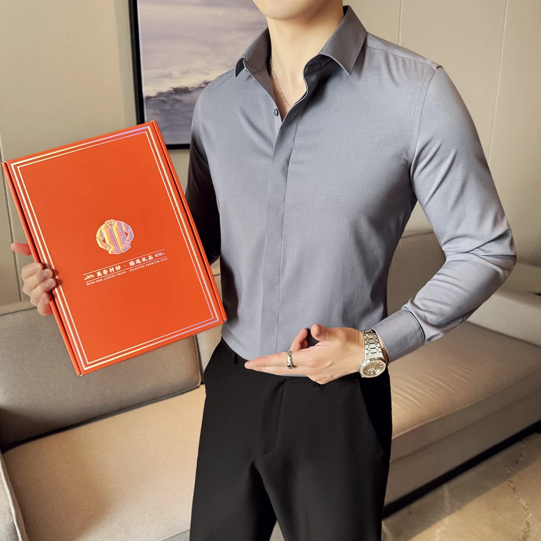 高级感礼盒装羊毛长袖衬衣休闲衬衫男士百搭打底夏季潮流修身商务