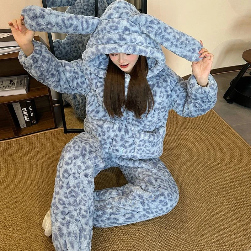 冬季2025新款长毛绒睡衣女三层夹棉珊瑚绒加绒加厚保暖家居服套装