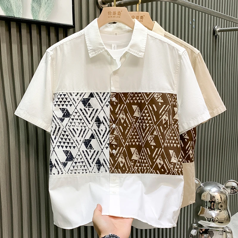 轻奢潮牌日系清新短袖衬衫男装夏季半袖时尚个性帅气拼接撞色衬衣