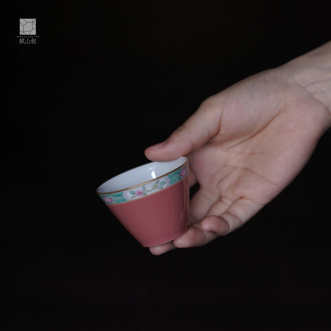 【赋山堂官方】绛纱花草纹主人杯单杯手绘粉彩闻香品茗功夫茶杯具