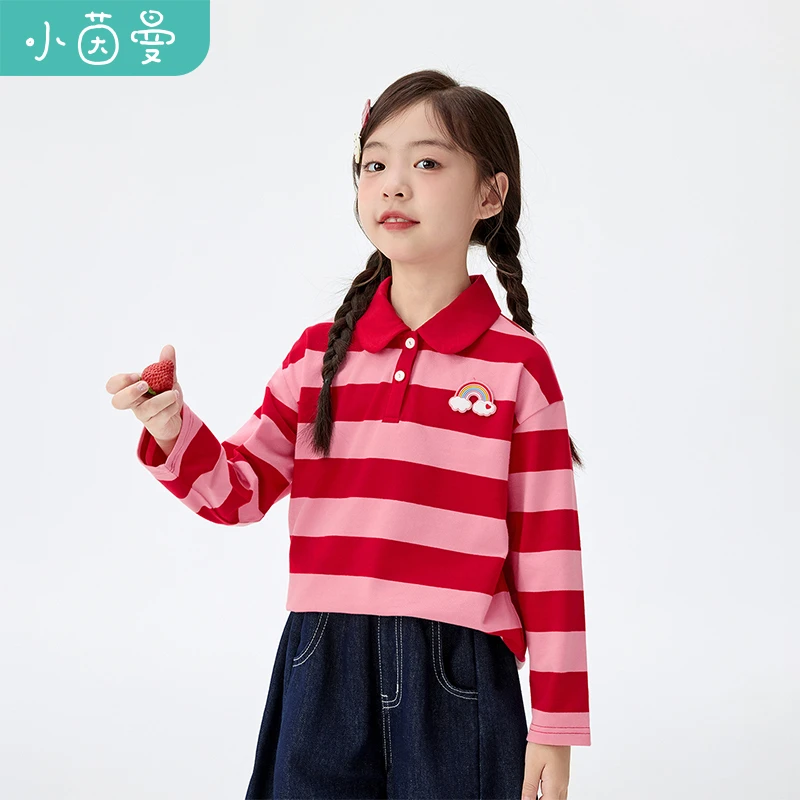 【T恤长袖】小茵曼女童polo领条纹T恤25秋梦幻彩虹立体章仔上衣潮