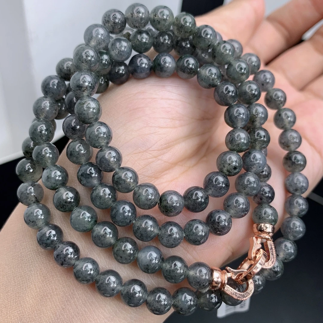 缅甸A货翡翠黑冰乌鸡项链珠链圆珠多圈长串6T卡6.3mm660mm