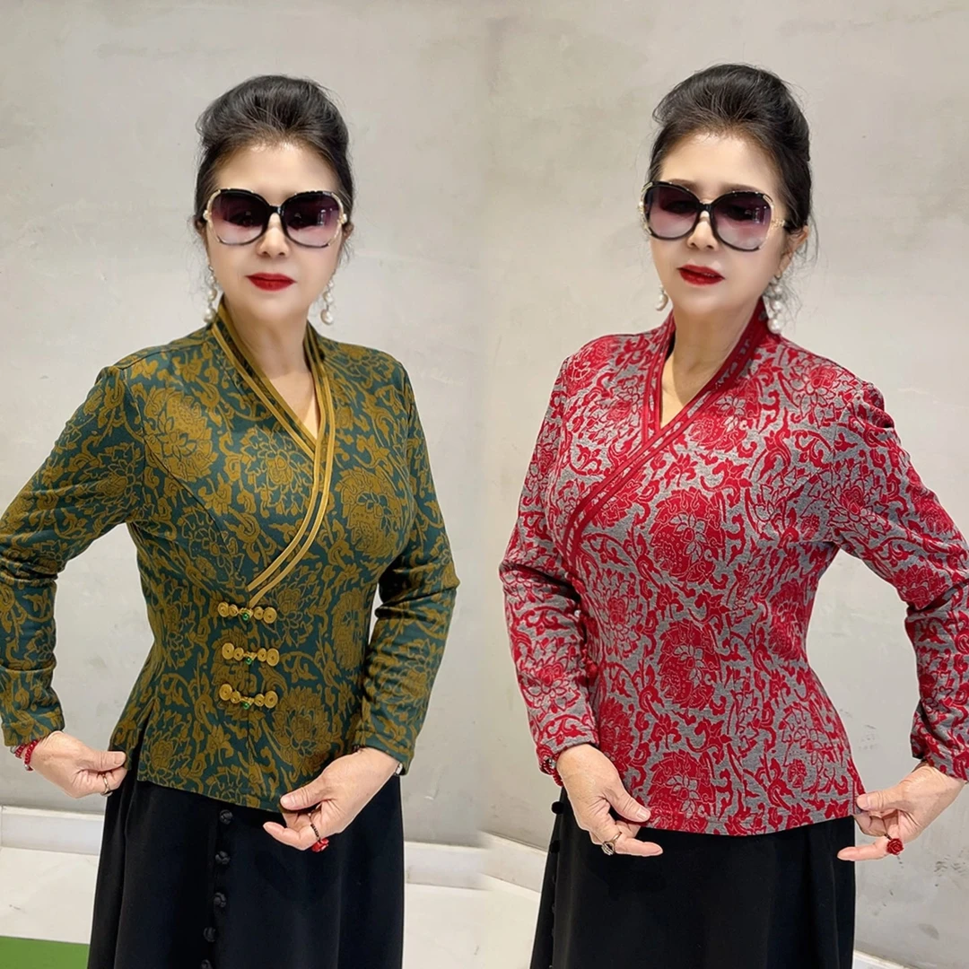 新款时尚长袖上衣女国风优质弹力旗袍打底衫修身中式洋气外套