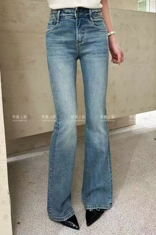 高腰显瘦微喇牛仔裤女修身百搭复古风格时尚喇叭裤