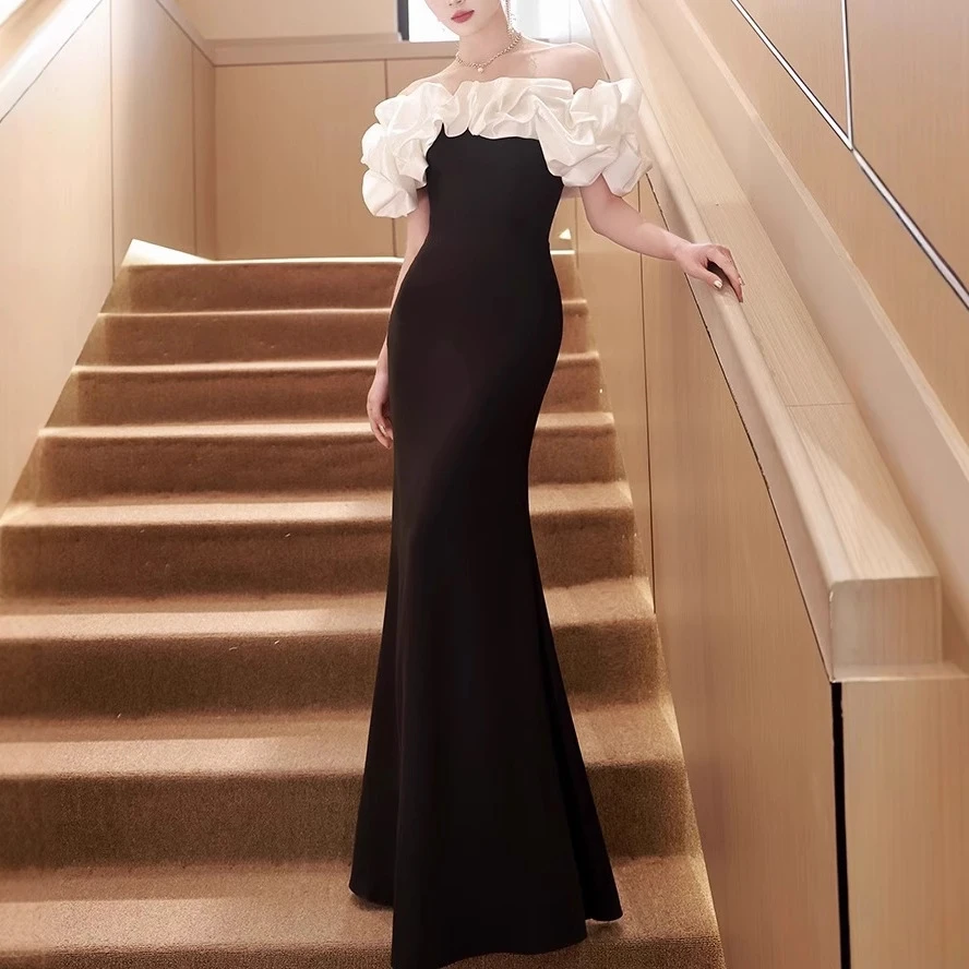 黑色新款一字肩晚礼服鱼尾收腰显瘦礼服长款设计感宴会高端礼服裙