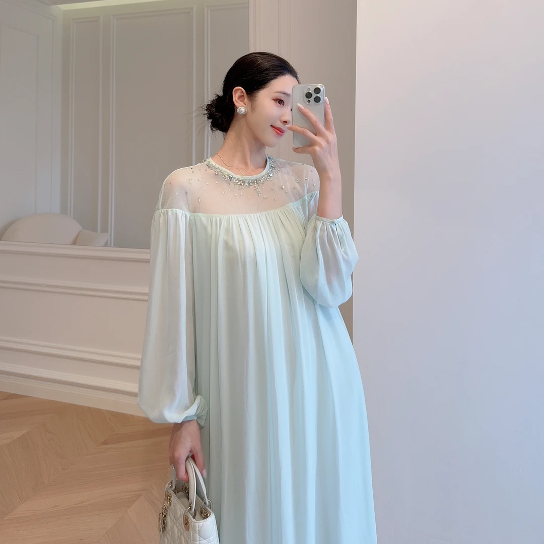 嫚渡薄荷绿重工烫钻手工钉珠仙气真丝长裙法式浪漫飘逸真丝连衣裙