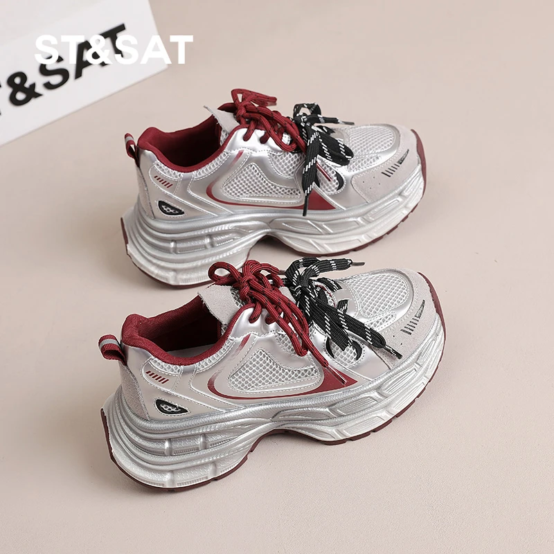 星期六灰色厚底增高6cm老爹鞋运动跑步休闲鞋2025春季新款女鞋