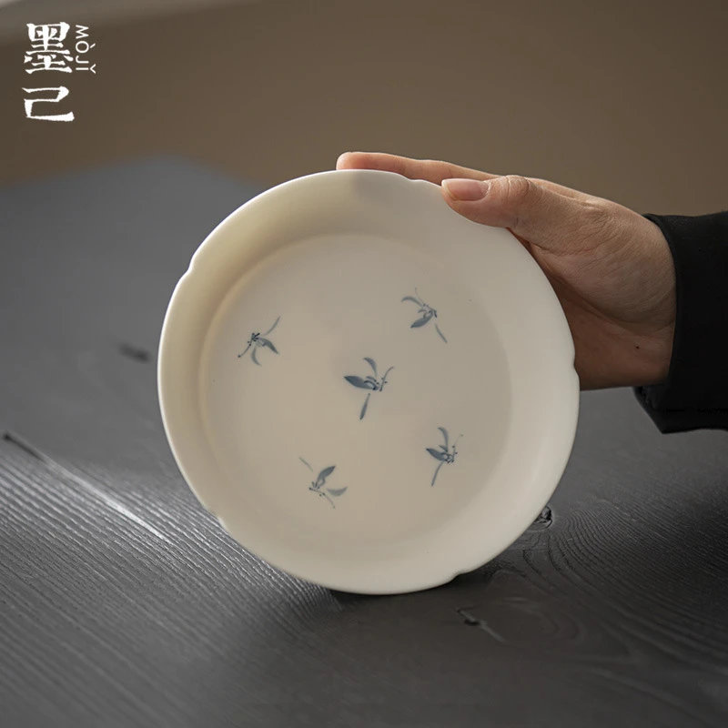 墨己哑光花口手绘秋水兰花壶承陶瓷家用文人干泡盘茶点盘