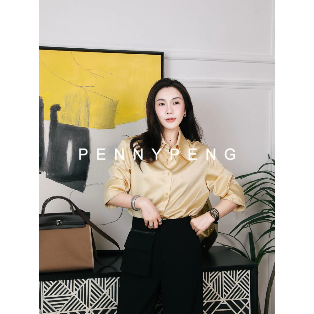 PENNYPENG月光吟【现货】气质显瘦小尖领丝丝长袖光泽坠感别致衬衫