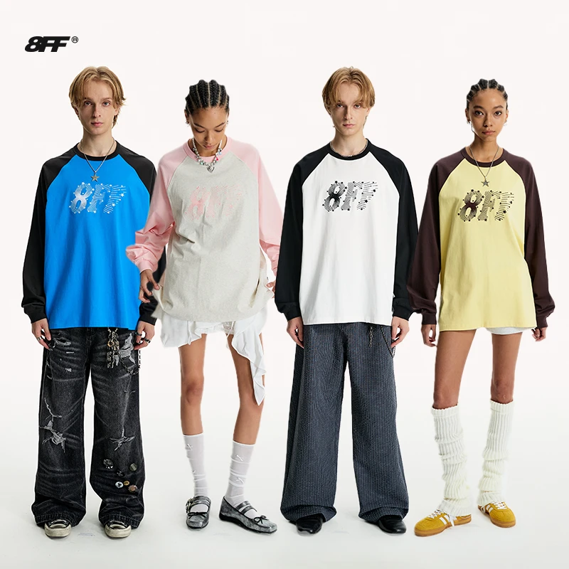 8FF25AW放射星星绣花复古撞色圆领插肩袖亲肤舒适长袖T恤情侣T恤