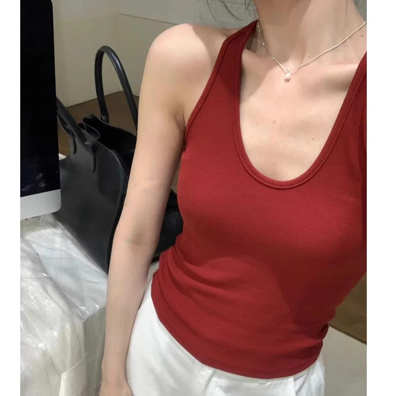 带胸垫黑色挂脖小吊带针织背心女外穿2025夏季修身短款露背上衣