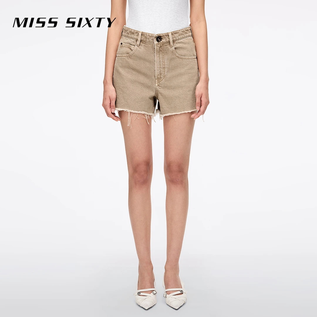 Miss Sixty2025夏季新款麻棉牛仔短裤女不规则磨破高腰显瘦直筒
