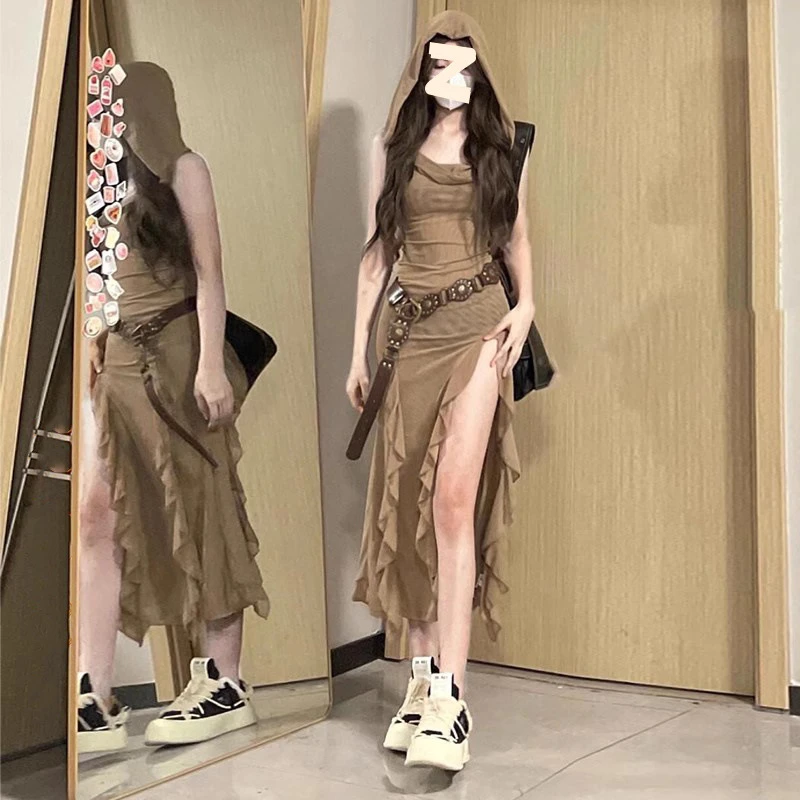 风荡领连帽连衣裙气质女夏季时尚网纱裙子收腰超显瘦开叉包臀长裙