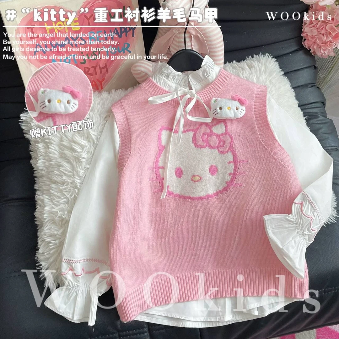 WOOkids8【猫咪粉】亲子兄妹童装高定衬衣马甲两件套 W24120505