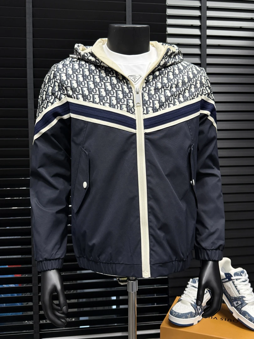 2025新款春秋季欧洲站高端连帽提花男士时尚休闲夹克外套帅气拼色