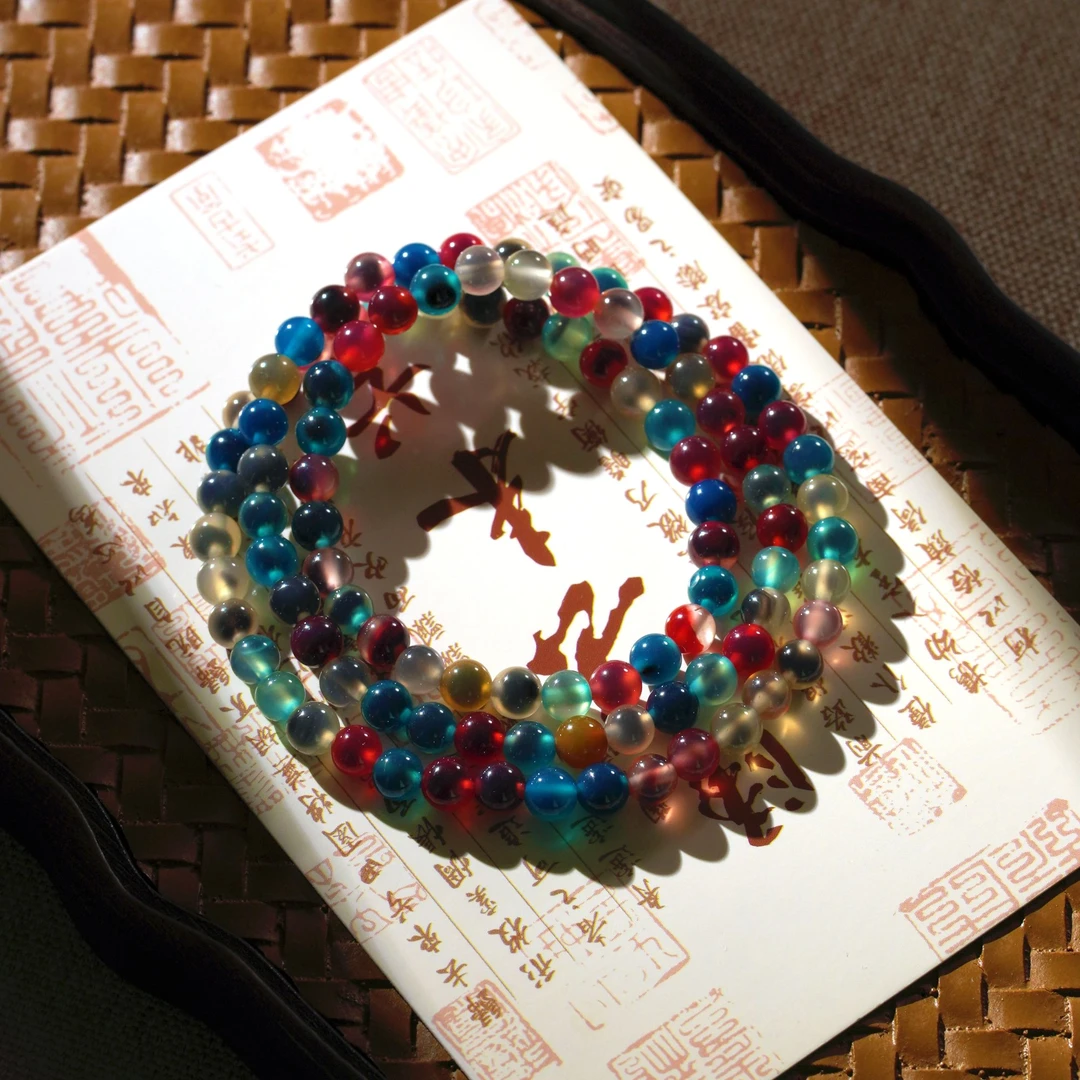 直播同价）天然彩色糖心玛瑙三圈手串宝石首饰品（多样性发一带证书