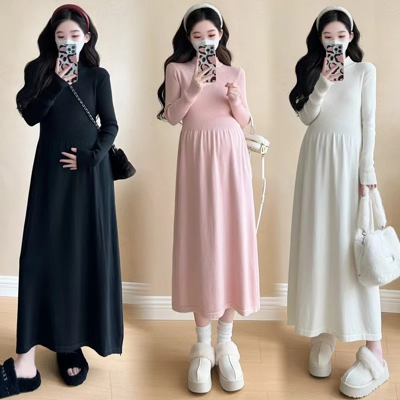 (加厚)2025秋冬新款孕妇装百搭长袖半高领打底针织毛衣连衣裙孕妇