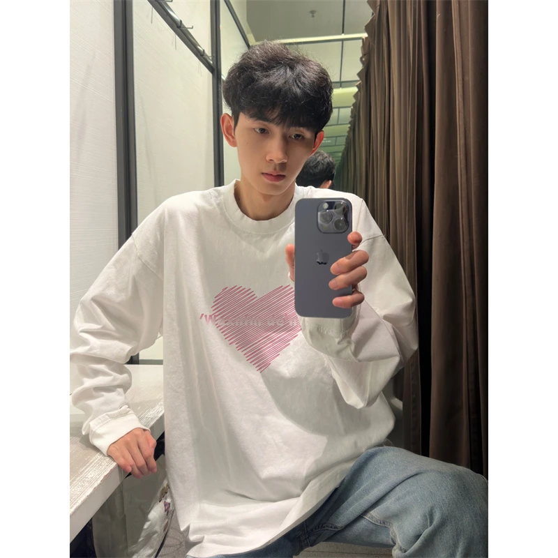 美式复古爱心印花长袖T恤男秋冬宽松重磅纯棉打底衫oversize上衣