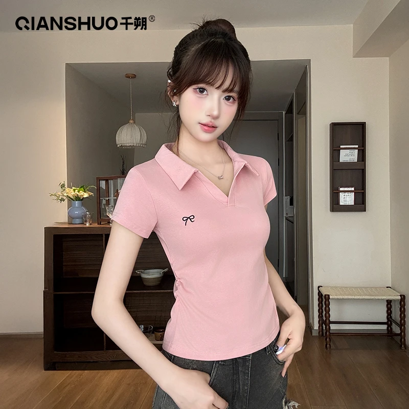 千朔青春学妹Polo正肩短袖T恤翻领蝴蝶结刺绣褶皱收腰设计感上衣