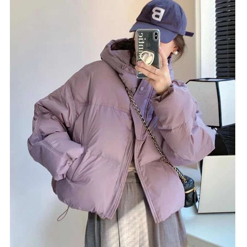 羽绒棉服女短款时尚韩版休闲纯色冬季加厚连帽冬女款加绒加厚棉服