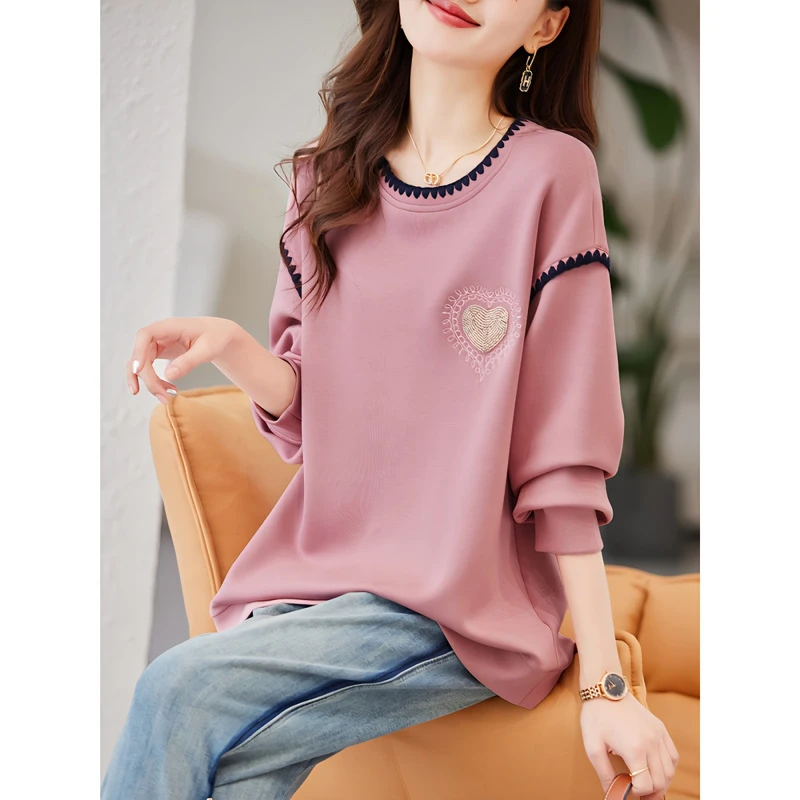 衣品乐粉色圆领卫衣女春秋新款站宽松大码时尚减龄钉珠上衣B3740