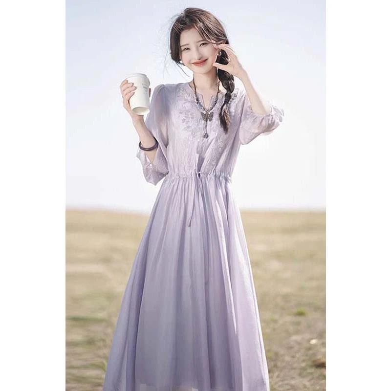 刺绣连衣裙女夏季2025新款高级感紫风铃气质宽松茶歇中长款裙子