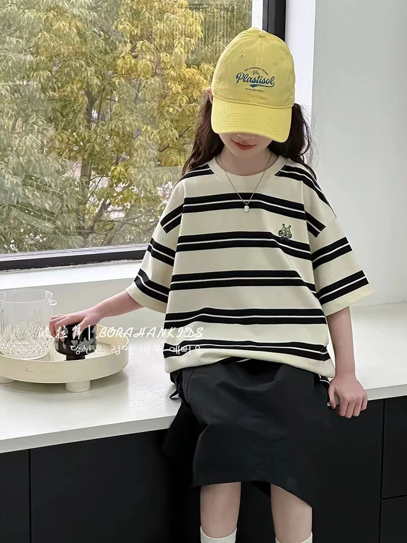 BORAHANKIDS麦奇条-短袖2025条纹中大童衣服洋气半袖男女童T桖