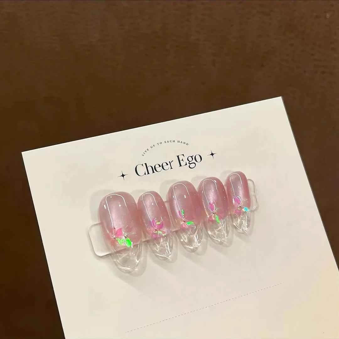 【冰封樱花48】纯手工穿戴甲美甲冰透款粉红透亮极光樱花仙女款轻奢