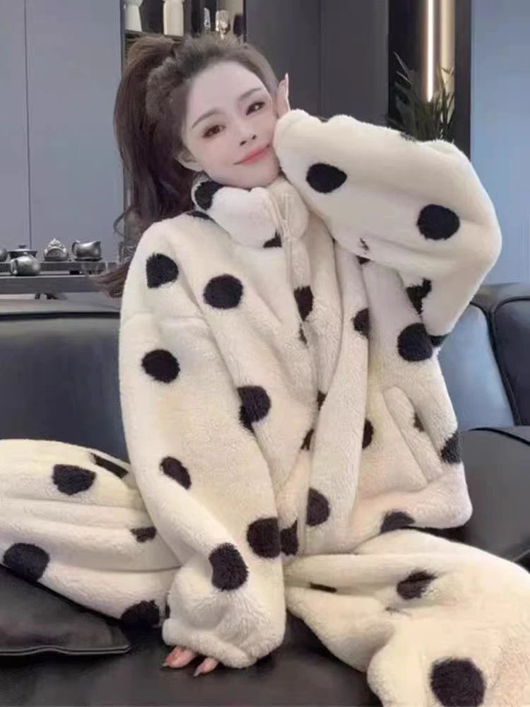 【高品质加绒加厚】秋冬波点珊瑚甜美小众公主风外穿保暖家居服