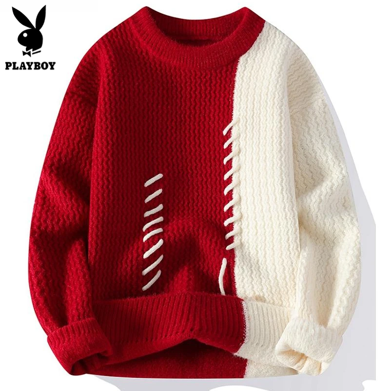花花公子男士毛衣秋冬新款圆领宽松保暖拼接潮流休闲针织衫上衣男